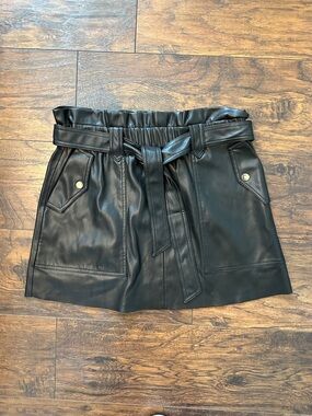 Zara Black Faux Leather Paperbag Mini Skirt with Tie Belt